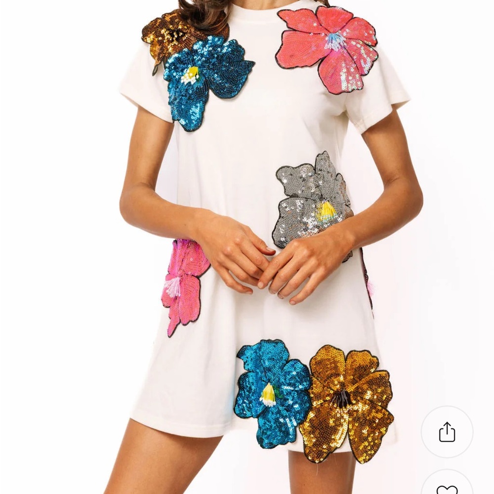 QUEEN OF SPARKLES White Dress with Blue, Gold, Pink, Silver Floral Sequins